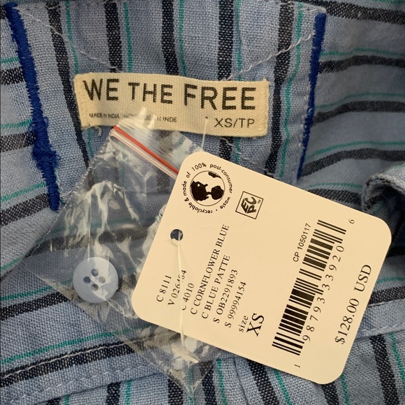 FREE PEOPLE Oversized Christopher Linen Striped Top NWT Blue - Picture 4 of 9